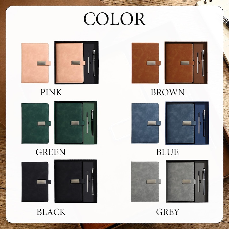 May include: A selection of notebooks and pens in various colors, including pink, brown, green, blue, black, and grey. Each set is presented in a gift box, with the word "COLOR" displayed at the top.