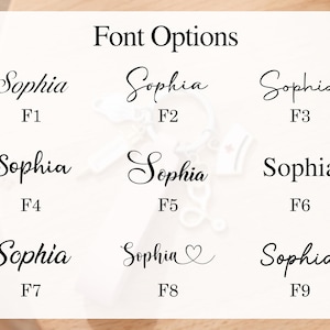 Pu&ograve; includere: Vengono presentate nove opzioni di font, ognuna delle quali mostra il nome "Sophia" in uno stile diverso. Il testo "Font Options" &egrave; in alto. Ogni font &egrave; etichettato con un numero, da F1 a F9, per una facile consultazione.