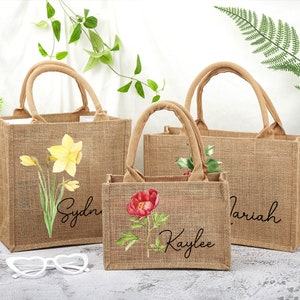 Benutzerdefinierte Name Brautjungfer Tragetaschen mit Geburtsblume, Benutzerdefinierte Strandtasche, Hochzeitstasche, Brautpartygeschenk, Brauttasche, Strandtasche Geschenk für Sie