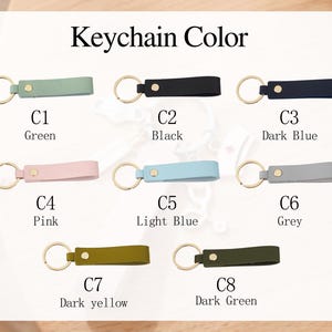 Pu&ograve; includere: Una selezione di otto portachiavi in pelle in vari colori, tra cui verde, nero, blu scuro, rosa, azzurro, grigio, giallo scuro e verde scuro. Ogni portachiavi ha un anello dorato e un piccolo dettaglio metallico.