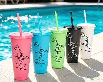 Custom Name Cold Cup: Reusable Plastic Tumbler with Straw and Lid