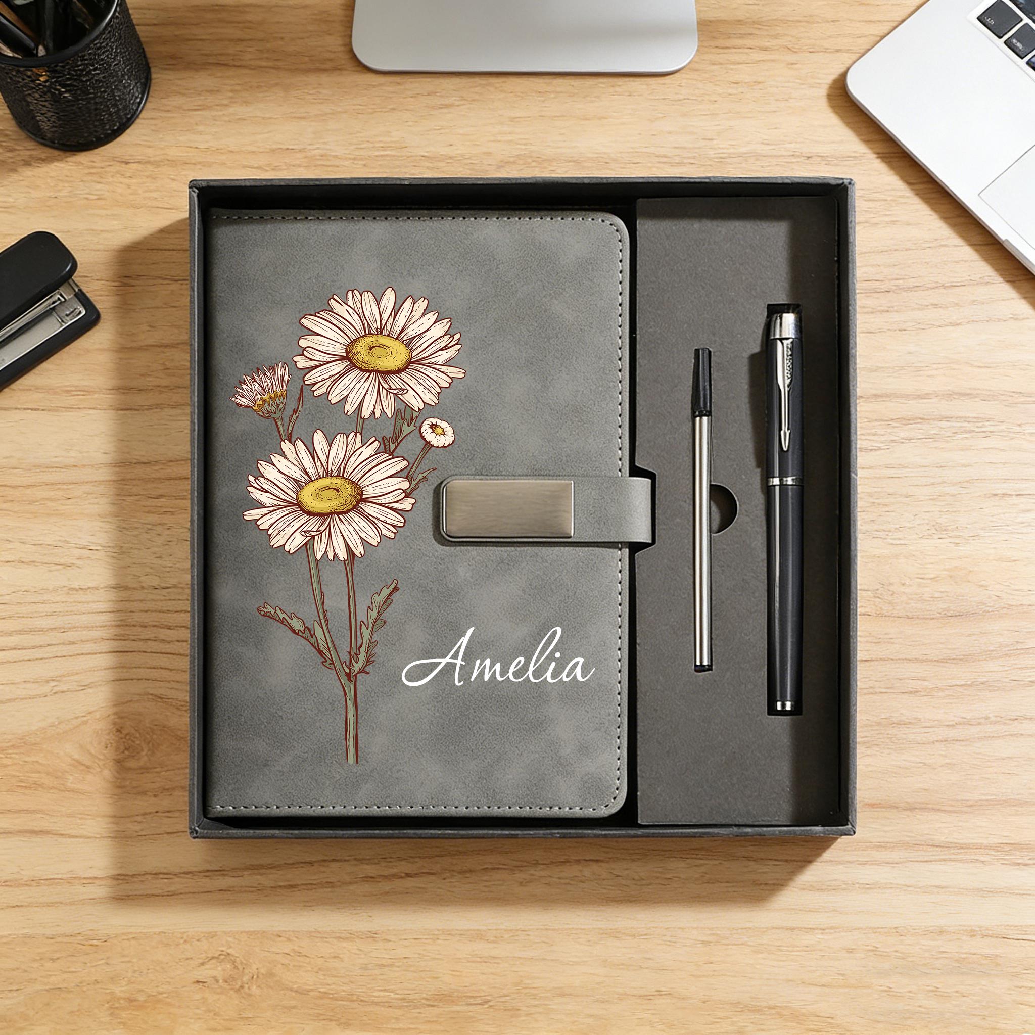 Personalized Birth Flower Notebook With Pen Set, Custom Name Journal ...