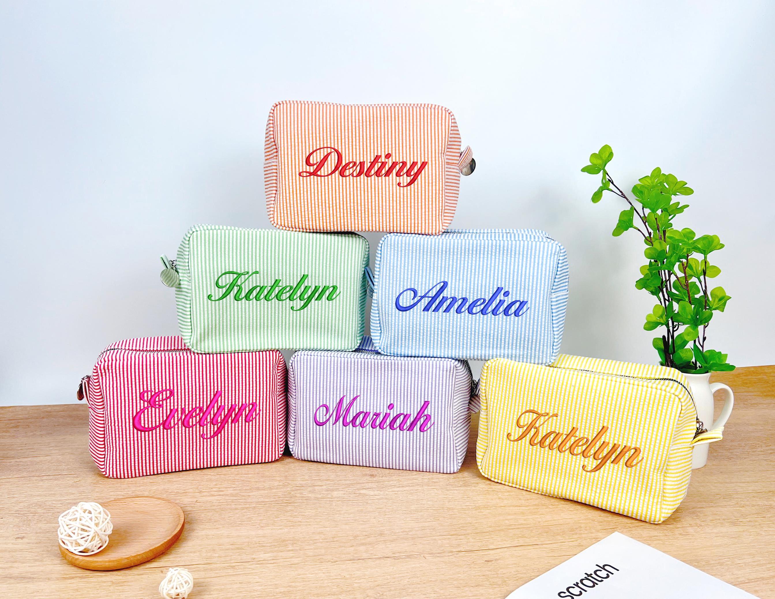 Embroidered Seersucker Makeup Bag, Custom Cosmetic Bag, Bridesmaid Makeup Bag, Monogrammed Toiletry Bag, Bridesmaid Gift, Bachelorette Party