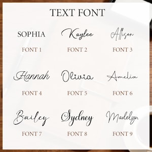 Puede incluir: Una exhibici&oacute;n de nueve fuentes de texto diferentes, cada una mostrando un nombre en un estilo cursivo &uacute;nico. Los nombres incluyen Sophia, Kaylee, Allison, Hannah, Olivia, Amelia, Bailey, Sydney y Madelyn. Cada fuente est&aacute; etiquetada con un n&uacute;mero del 1 al 9.