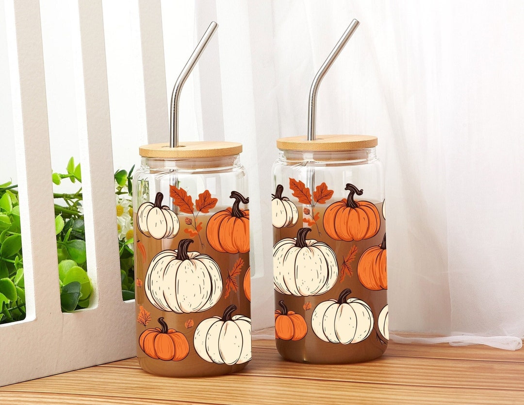 Pumpkin Iced Coffee Glass Cup With Lid and Straw, Fall Coffee Mug, 16oz ...