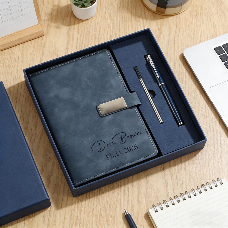 Personalized Phd Graduation Gift, Custom Dr. Leather Notebook with Pen, Engraved Doctoral Graduation Journal, Phd Grad Gift for Her Him image 2
