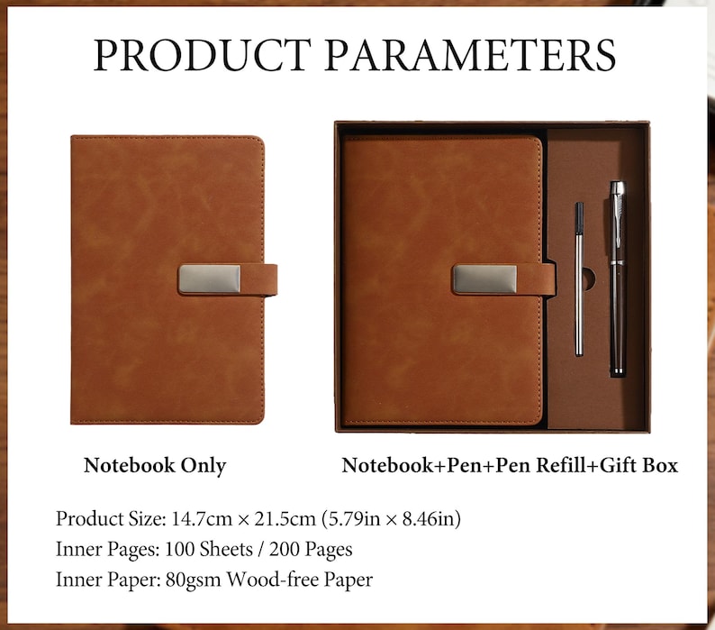 May include: A brown leather-bound notebook with a silver clasp, shown alone and with a pen, pen refill, and gift box. The notebook measures 5.79 x 8.46 inches and contains 100 sheets of wood-free paper. The text reads "Product Parameters."