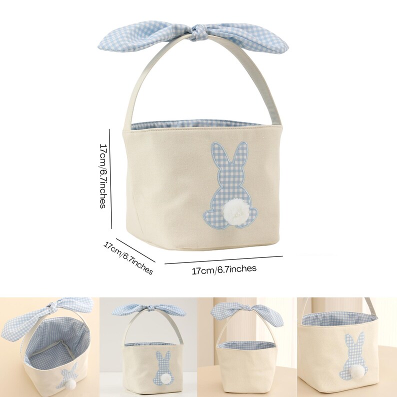 Pu&ograve; includere: Un cestino pasquale beige con un coniglietto a quadretti blu e una soffice coda bianca. Il cestino ha una fodera a quadretti blu e un manico con dettagli di orecchie di coniglio. Misura 17 cm per lato.