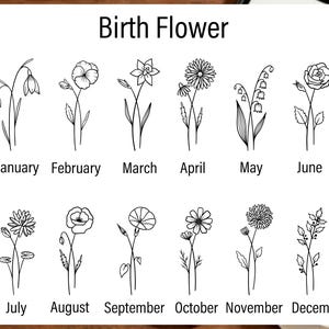 Puede incluir: Ilustraci&oacute;n en blanco y negro de las flores de nacimiento para cada mes del a&ntilde;o. Los meses est&aacute;n etiquetados debajo de cada flor, comenzando con enero y terminando con diciembre. El t&iacute;tulo "Birth Flower" est&aacute; en la parte superior de la imagen.