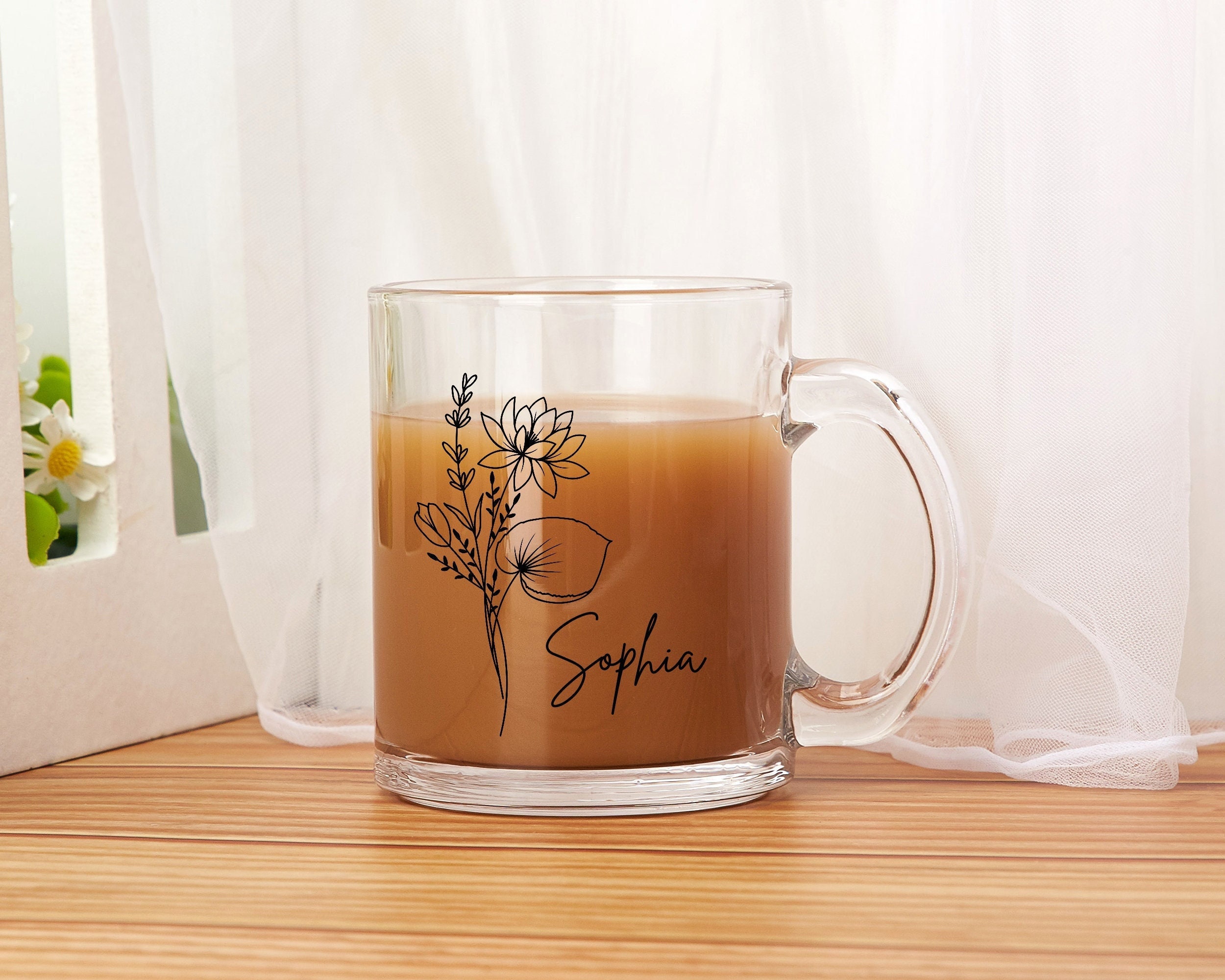 Custom Glass Mug, Personalized Bridesmaid Mug, Bridal Party Gift, Birth Month Flower Mug, Birthday Gift, Mothers Day Gifts for Her/Mom/Women