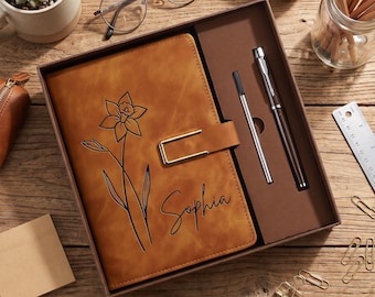 Engraved Birth Flower Leather Journal, Personalized Name Notebook Set, Birthday Gifts for Women, Thank You Teacher Gifts, Graduation Gift