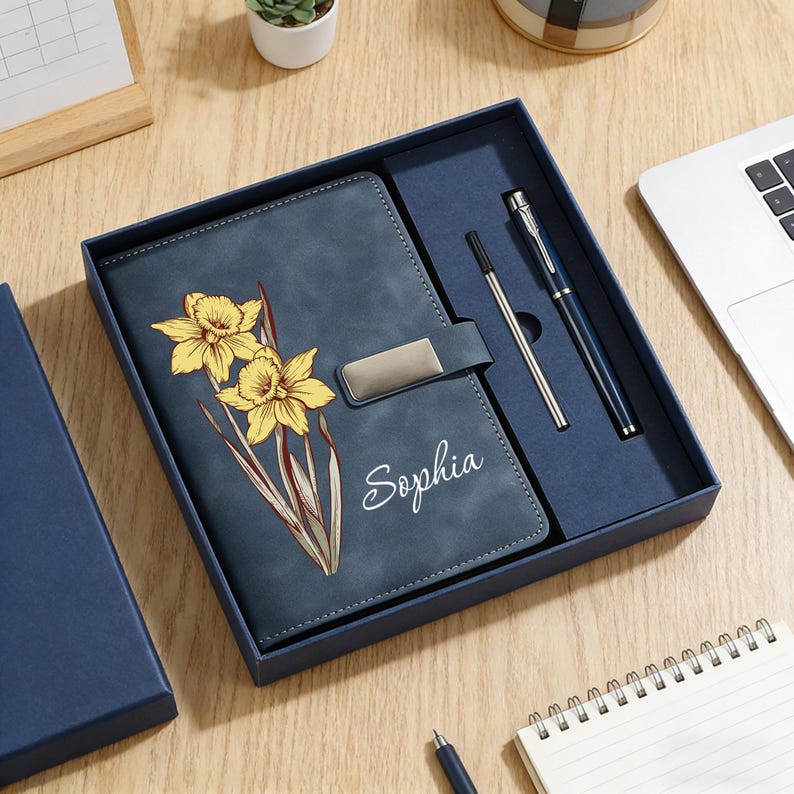 Personalized Birth Flower Notebook With Pen Set, Custom Name Journal ...
