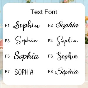 Pu&ograve; includere: Su sfondo bianco, sono presentati otto diversi stili di carattere del nome "Sophia". Gli stili di testo variano da un elegante corsivo a lettere in grassetto. Le parole "Text Font" sono in alto.