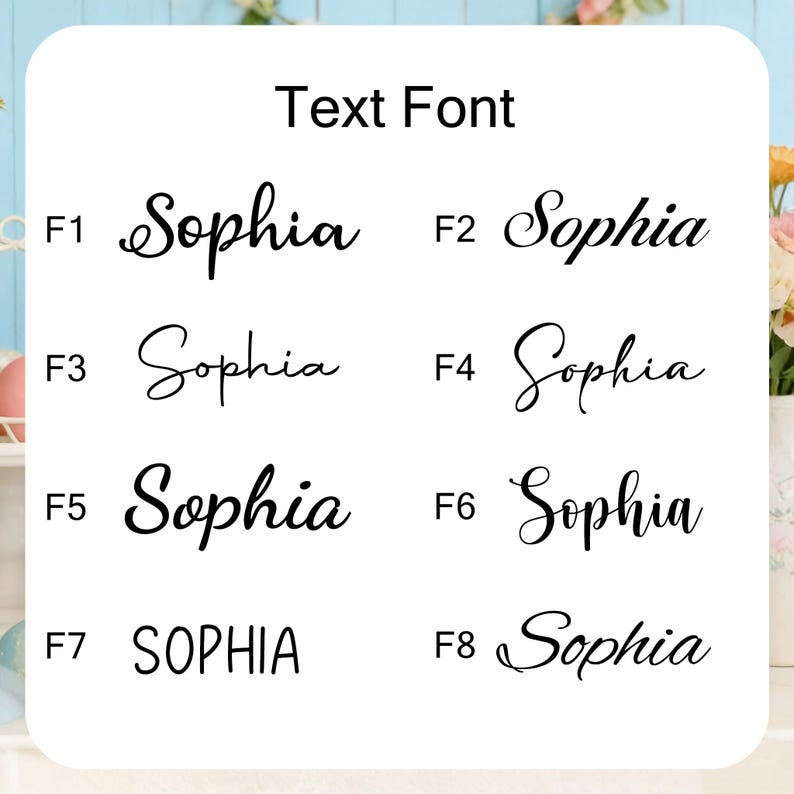 Pu&ograve; includere: Su sfondo bianco, sono presentati otto diversi stili di carattere del nome "Sophia". Gli stili di testo variano da un elegante corsivo a lettere in grassetto. Le parole "Text Font" sono in alto.