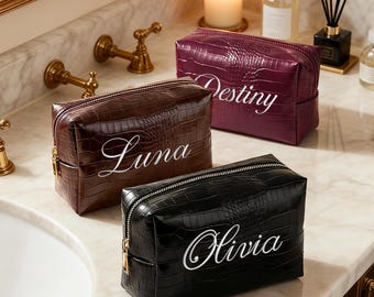 Personalized Croc Toiletry Bag, Embroidered Faux Leather Cosmetic Pouch, Bridesmaid Gift