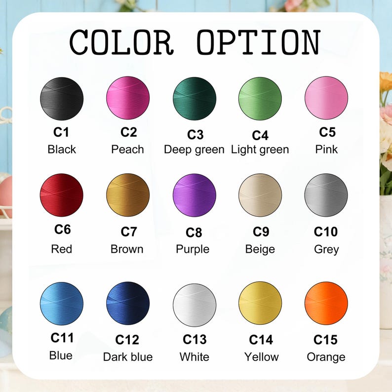 Pu&ograve; includere: Un grafico che mostra le opzioni di colore per un prodotto. Le opzioni includono nero, pesca, verde scuro, verde chiaro, rosa, rosso, marrone, viola, beige, grigio, blu, blu scuro, bianco, giallo e arancione. Il testo "COLOR OPTION" &egrave; in alto.