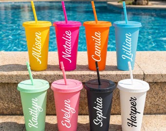 Custom Name Cold Cup with Lid and Straw, Personalized Reusable Plastic Cup, Bridesmaid Gift, Birthday Gift for Her, Pool Party Drink Cup