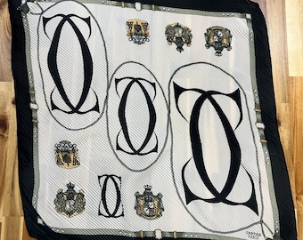 Vintage Cartier Silk Scarf, Logo Emblem, Black White Gold