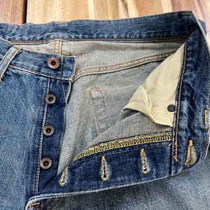 May include: Close-up of blue denim jeans with a button fly. The jeans show signs of wear and fading, with visible stitching in yellow thread. The buttons are a dark, metallic color.