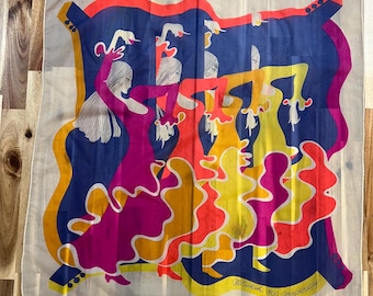 Vintage authentic Japanese silk Mitsukoshi 300 Anniversary scarf featuring an abstract illustration of flamenco dancers