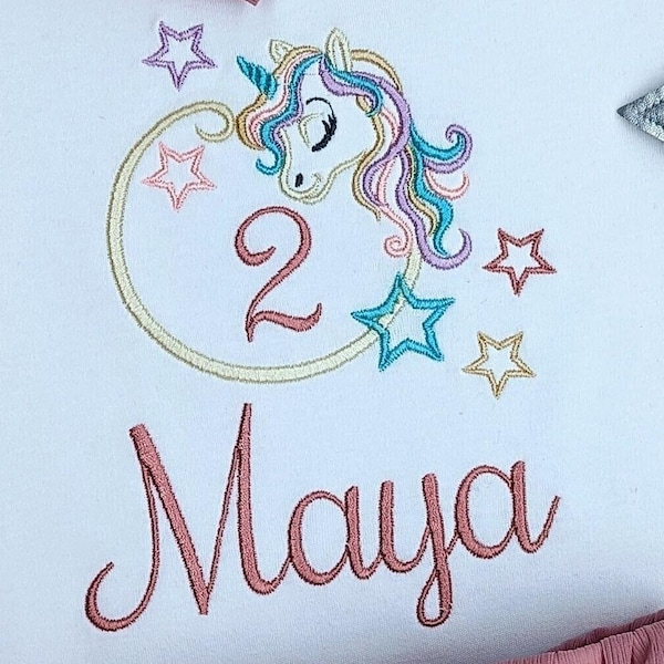 Personalized unicorn birthday shirt with name and number for girls, top for first year birthday outfit, gift for children 1, 2, 3