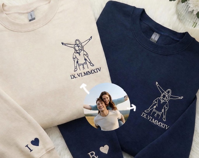 Vatertag Besticktes Familienfoto T-Shirt personalisiert ,Porträtfoto Line Art Vater, Geschenkidee Ihn, Sweatshirt Paare Geburtstag, Hochzeit