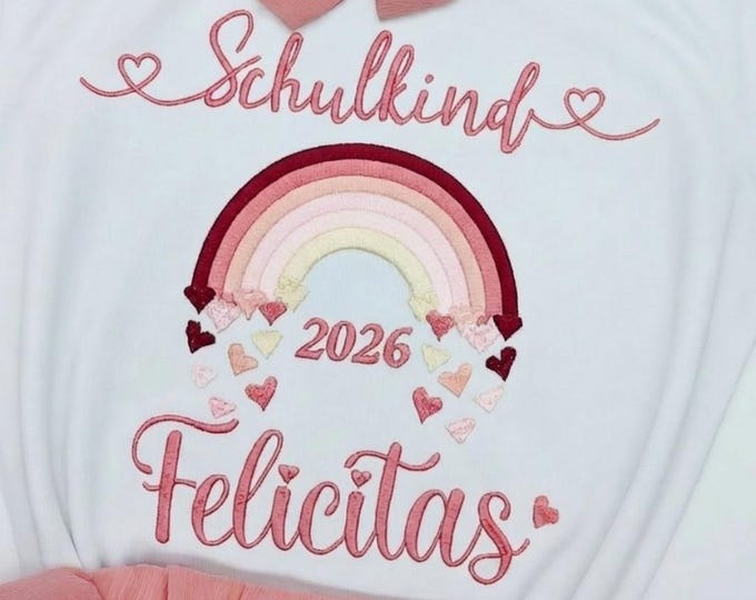 T- Shirt für Schulkind Einschulung 2026, Schulanfang Geschenk Shirt Regenbogen mit Name für Mädchen, 1. Klasse Schultag Schulanfänger,