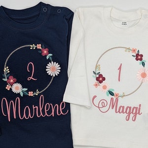 Flower wreath old pink birthday shirt girl with name and number -1 2 3, birthday party outfit children's shirt, first year gift