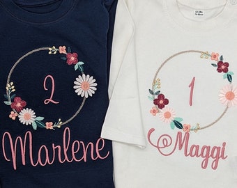 Bloemenkrans oudroze verjaardagsshirt meisje met naam en nummer -1 2 3, verjaardagsfeestje outfit kindershirt, eerstejaarscadeau