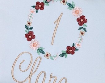 Erster Geburtstag  Blumenkranz  AltrosaT-Shirt Mädchen Geschenk Geburtstagsshirt mit Name und Zahl -1 2 3 , Oberteil Baby Outfit Kindershirt