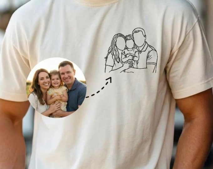 Besticktes Familien T-Shirt personalisiert, Portraitfoto Vater Shirt, Geschenkidee Weihnachten und Vatertag, Line Art Familienfoto Geburtsta