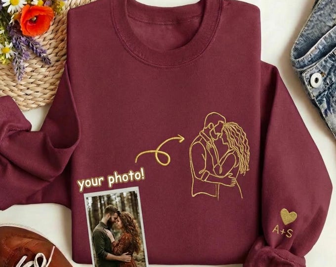 Paar T-Shirt mit Bildstickerei, personalisiertes besticktes Sweatshirt ,Valentinstagsgeschenk Foto Portrait bestickt für Paare, Hochzeit