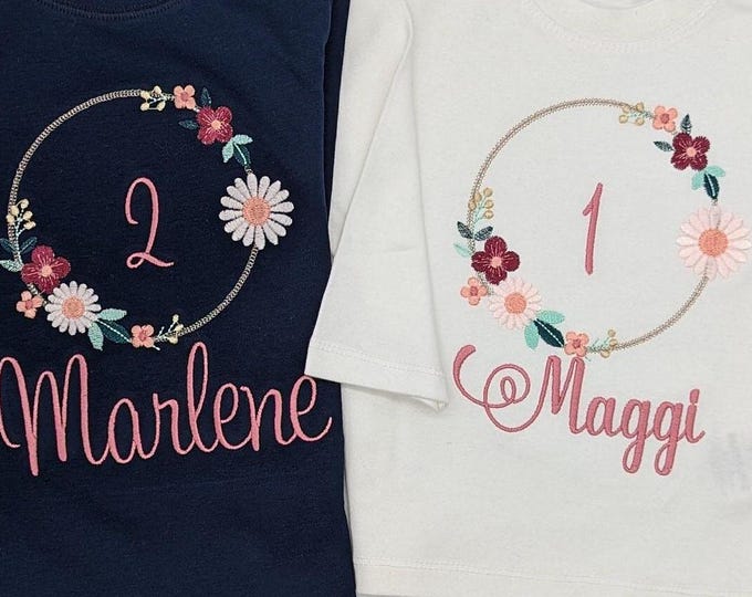 Blumenkranz Altrosa Geburtstagsshirt Mädchen mit Name und Zahl -1 2 3 , Geburtstagsparty Outfit Kindershirt, Erster Jahr Geschenk