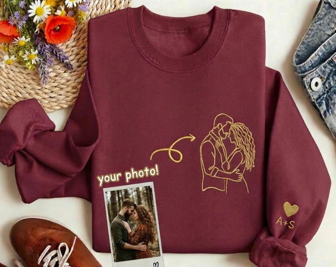 Paar T-Shirt mit Bildstickerei, personalisiertes besticktes Sweatshirt ,Valentinstagsgeschenk Foto Portrait bestickt für Paare, Hochzeit