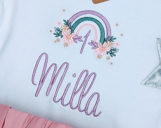 1. Geburtstag Shirt Mädchen | Geburtstagsshirt Regenbogen l Geburtstagsoutfit erster Jahr | Geschenk tshirt 1, 2, 3, 4, l Oberteil Mädchen