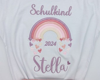 T- Shirt für Schulkind Einschulung 2024, Schulanfang Geschenk Shirt Regenbogen mit Name für Mädchen, 1. Klasse Schultag Schulanfänger,