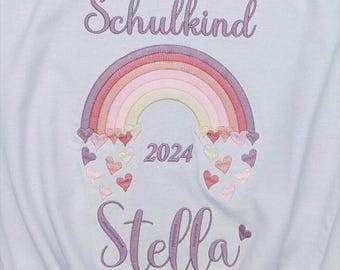 T- Shirt für Schulkind Einschulung 2025, Schulanfang Geschenk Shirt Regenbogen mit Name für Mädchen, 1. Klasse Schultag Schulanfänger,