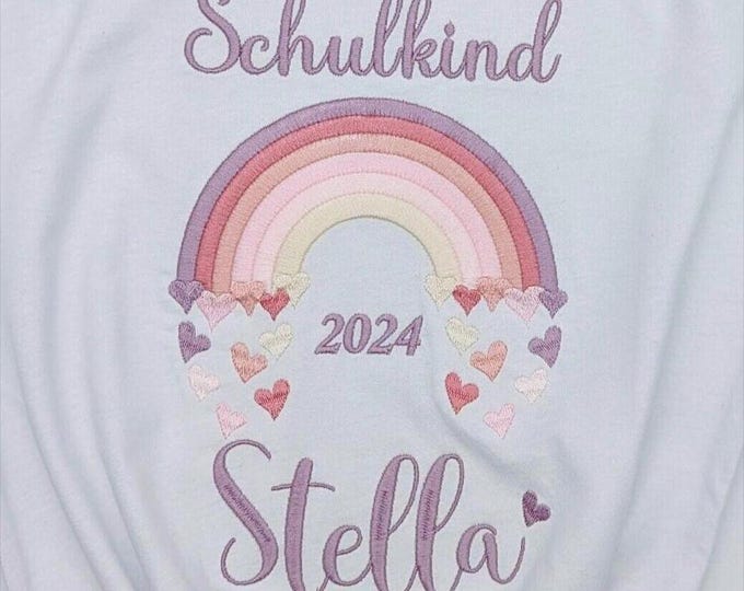 T- Shirt für Schulkind Einschulung 2025, Schulanfang Geschenk Shirt Regenbogen mit Name für Mädchen, 1. Klasse Schultag Schulanfänger,