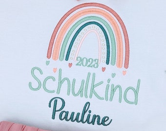 T- Shirt für Schulkind Einschulung 2025, Schulanfang Geschenk Shirt Regenbogen mit Name für Mädchen, 1. Klasse Schultag Schulanfänger,