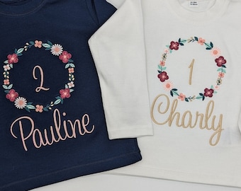 Blumenkranz Altrosa Geburtstagsshirt Mädchen mit Name und Zahl -1 2 3 , Geburtstagsparty Outfit Kindershirt, Erster Jahr Geschenk