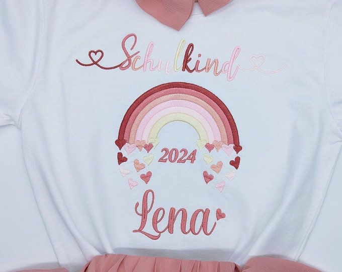 T- Shirt für Schulkind Einschulung 2025, Schulanfang Geschenk Shirt Regenbogen mit Name für Mädchen, 1. Klasse Schultag Schulanfänger,