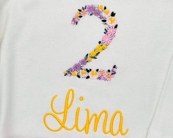 Flower birthday shirt girls | Number font birthday outfit first year | Gift tshirt 2 top girls, personalized t-shirt