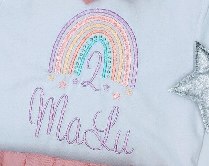 Regenbogen Geburtstagsshirt Mädchen, Geburtstagsoutfit erster Jahr, Geschenk tshirt 1,2,3 Oberteil Mädchen, personalisiert T-Shirt mit Namen