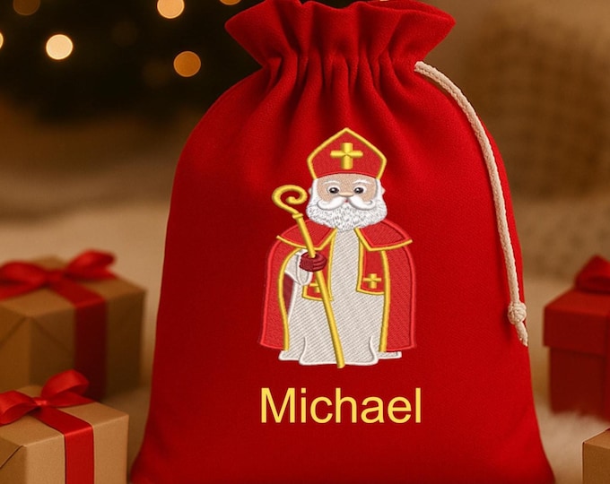 Personalisierter Nikolaussacker mit Bestickung , Baumwolle Weihnachtssäckchen personalisiert mit Name, Nikolausgeschenk Weihnachtsmann