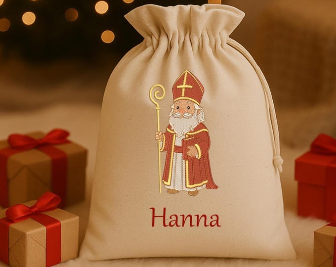 Personalisierter Weihnachtssäckchen mit Name, Jutetasche Weihnachtsmann Geschenkbeutel Wichtelgeschenk Nikolausbeutel für Kinder,