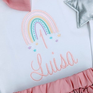 Rainbow girl birthday shirt with name and number -1 2 3 - in pastel colors, birthday party outfit children's shirt, first year gift