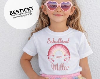 T- Shirt für Schulkind Einschulung 2026, Schulanfang Geschenk Shirt Regenbogen mit Name für Mädchen, 1. Klasse Schultag Schulanfänger,