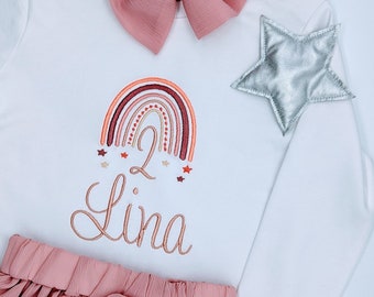 White birthday shirt short sleeve or long sleeve embroidered for children, children's shirt with rainbow birthday, personalized with number & name