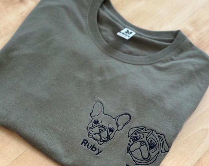 Besticktes Haustierfoto mit Namen, individuell gestickter Hunde-T-Shirt personalisiert Geschenk für Hundevater / Hundemutter Line-Art