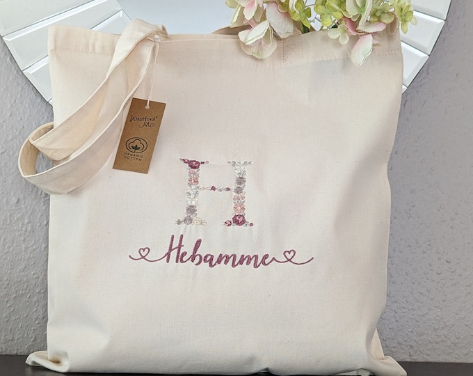 Jutebag Shopper | Dankeschön-Geschenk Hebamme Personalisierte Tasche Hebamme | Personalisiertes Geschenk Bestickt | Abschiedsgeschenk Tasche